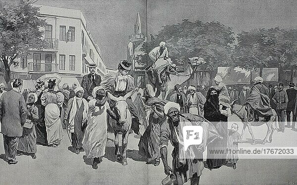 Der Eingang zur Muskistraße in Kairo,  1883,  Ägypten,  Historisch,  digitale Reproduktion einer Originalvorlage aus dem 19. Jahrhundert,  Afrika
