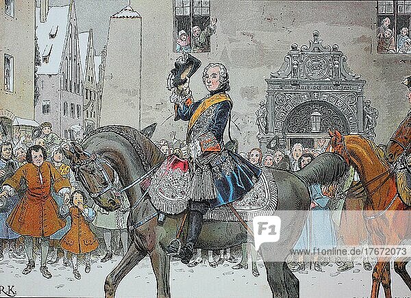 Friedrich der Große  Friedrich II. 1712-1786 Ankunft in Breslau am 3. Januar 1741  Erster Schlesischer Krieg  1740-1742  Historisch  digitale Reproduktion einer Originalvorlage aus dem 19. Jahrhundert