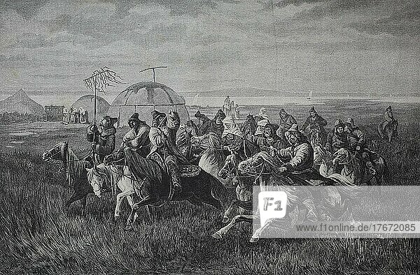 Hochzeitsfeier in den Kalmücken  1888  Republik Kalmückien in der Kalmückischen Steppe  am westlichen Ufer des Kaspischen Meeres  History  digitale Reproduktion einer Originalvorlage aus dem 19. Jahrhundert
