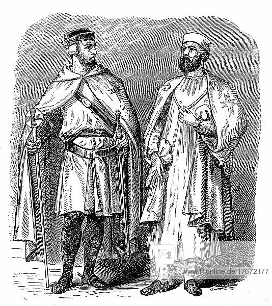 Templars  Knights Templar in war traditional costume (left) and house costume (right)  Historical  digital reproduction of an original from the 19th century