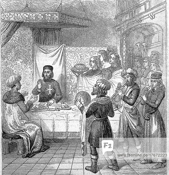 Sultan Cem or Cem Sultan  1459-1495  also called Jem Sultan or Zizim by the French  was an heir to the Ottoman throne in the 15th century  here with Pierre dAubusson at a dinner in Rhodes  Greece  Historical  digital reproduction of a 19th century original  Europe