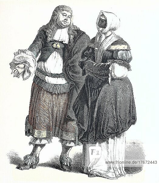 Volkstracht  Kleidung  Geschichte der Kostüme  niederländische Bürgertracht  ca 1670-1700  Holland  Historisch  digital restaurierte Reproduktion einer Vorlage aus dem 19. Jahrhundert