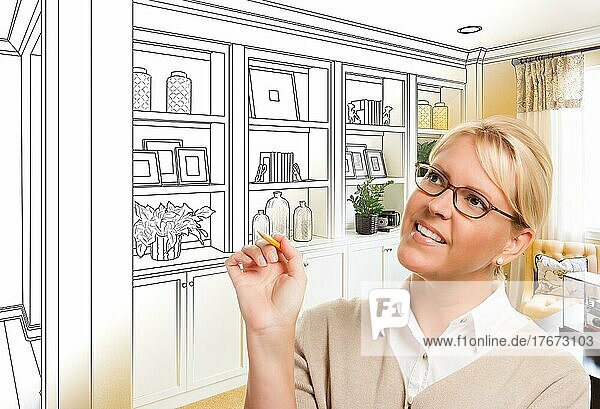 Young woman over custom built-in shelves and cabinets design drawing gradating to finished photo