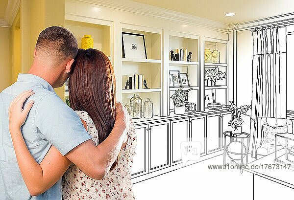 Young military couple facing custom built-in shelves and cabinets design drawing gradating to finished photo