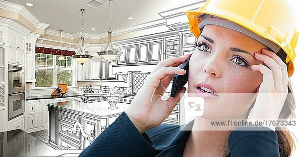 Concerned female contractor using smart phone over kitchen drawing gradating to photo