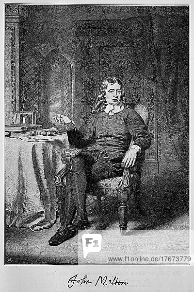 John Milton  9. Dezember 1608-8. November 1674  ein englischer Dichter  politischer Denker und Staatsbediensteter  hier in seinem Arbeitszimmer  Historisch  digital restaurierte Reproduktion einer Vorlage aus dem 19. Jahrhundert  genaues Datum unbekannt