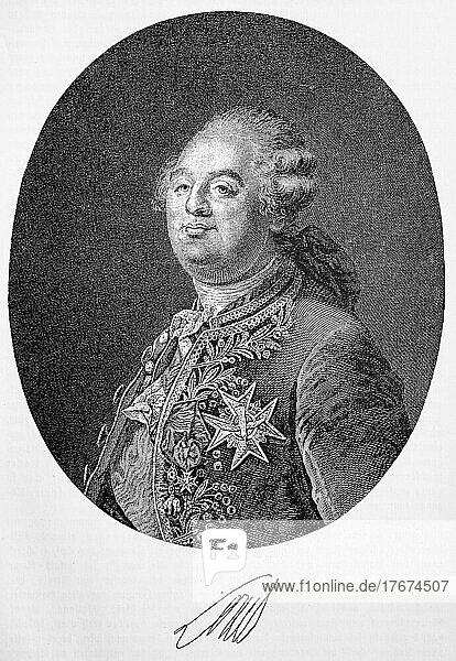 King Louis XVI at the age of 31 years  Louis XVI August of France (23 August 1754) (21 January 1793) from the House of Bourbon was as Louis Auguste first Duke of Berry and became after the death of his father in 1765 Dauphin and after the death of his grandfather in 1774 finally King of France and Navarre  Historisch  digital restaurierte Reproduktion einer Vorlage aus dem 19. Jahrhundert  genaues Datum unbekannt
