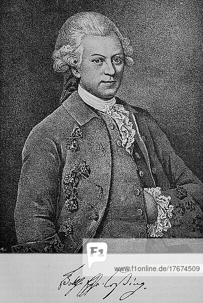 Gotthold Ephraim Lessing  22. Januar 1729-15. Februar 1781  war ein bedeutender Dichter der deutschen Aufklärung  Historisch  digital restaurierte Reproduktion einer Vorlage aus dem 19. Jahrhundert  genaues Datum unbekannt