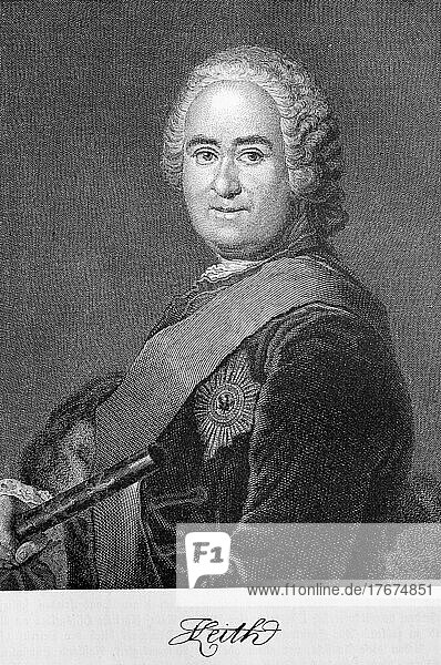 James Francis Edward Keith  Jakob von Keit  16. Juni 1696-14. Oktober 1758  war Generalfeldmarschall und einer der wichtigsten Vertrauten Friedrichs des Großen während des Siebenjährigen Kriegs  Historisch  digital restaurierte Reproduktion einer Vorlage aus dem 19. Jahrhundert  genaues Datum unbekannt
