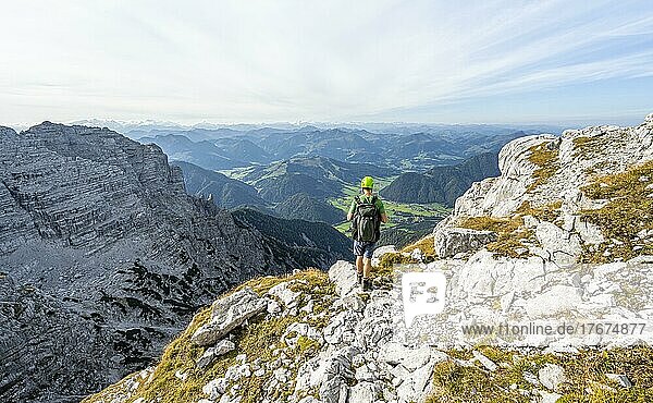 Hiker looking into the distance  climbing the Mitterhorn  Nuaracher Höhenweg  Loferer Steinberge  Tyrol  Austria  Europe