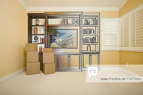 Moving boxes in room with entertainment unit drawing gradating to photograph