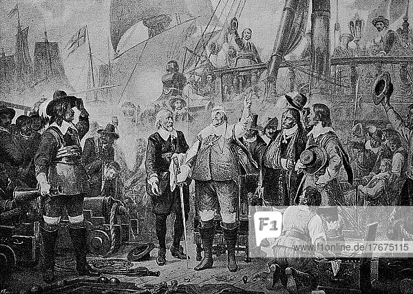 Christian IV. in der Seeschlacht bei der Insel Fehmarn am 6. Juli 1644  in der Seeschlacht bei Fehmarn vernichteten am 13. Oktober 1644 die verbündeten Schweden und Niederländer eine dänische Flotte  dreisigjähriger Krieg  Historisch  digital restaurierte Reproduktion einer Vorlage aus dem 19. Jahrhundert  genaues Datum unbekannt