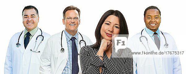 Group of mixed-race doctors behind hispanic woman before a white background