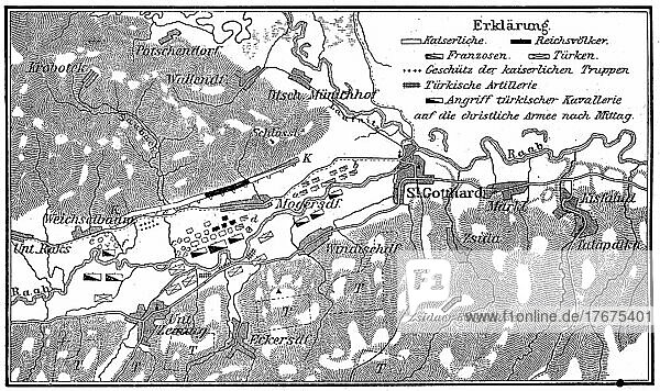 Plan of the Battle of St. Gotthard on 1 August 1664  The Battle of Mogersdorf or Battle of St. Gotthard was the most important battle in the Turkish War of 1663  1664. It took place on the Raab River on 1 August 1664  Historical  digitally restored reproduction of a 19th century original  exact date unknown