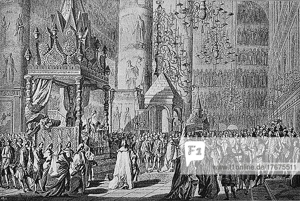 Katharina II. in der Krönungskathedrale des Kreml in Moskau  die Kaiserin mit Zepter und Reichsapfel auf dem Thron  Katharina die Große  9. Juli 1762  Historisch  digital restaurierte Reproduktion einer Vorlage aus dem 19. Jahrhundert  genaues Datum unbekannt