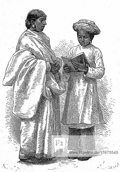 Frau und Schulkind aus Bengalen im Jahre 1880  Bangladesh  Indien  digital restaurierte Reproduktion einer Vorlage aus dem 19. Jahrhundert  genaues Datum unbekannt  Asien