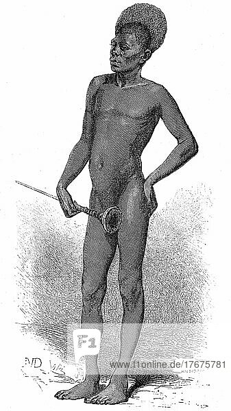 Native of the Chillouk tribe  Shilluk  an ethnic group belonging to the Nilotes in Southern Sudan  Historical  digitally restored reproduction of a 19th century original  exact date unknown