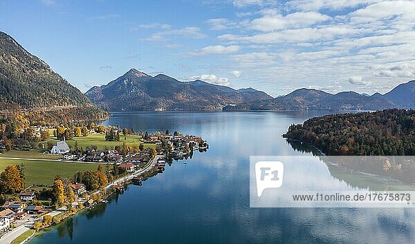 Aerial view  Walchensee mountains in autumn  Upper Bavaria  Bavaria  Germany  Europe