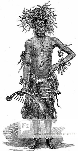 Reisender Sänger  im Jahre 1870  Elfenbeinküste  Historisch  digital restaurierte Reproduktion einer Vorlage aus dem 19. Jahrhundert  Genaues Datum unbekannt  Afrika