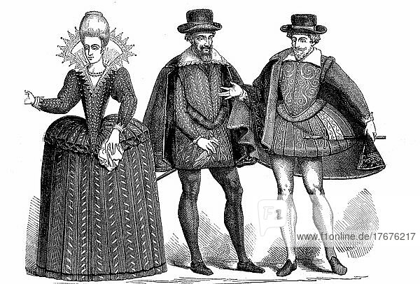 A Lady and Two Gentlemen in Fashion from 1605  Paris  France  Historic  digitally restored reproduction of a 19th century original  exact date unknown  Europe