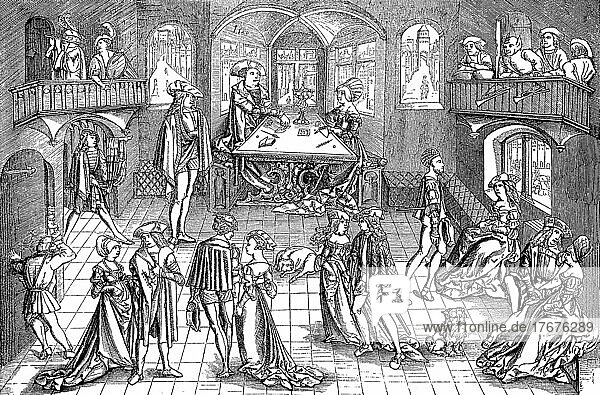 Ball am Hofe zu München  Deutschland  im Jahre 1500  Herzog Albrecht beim Kartenspiel mit einer Dame  digital restaurierte Reproduktion einer Vorlage aus dem 19. Jahrhundert  genaues Datum unbekannt  Europa