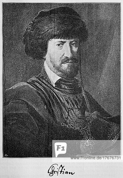 Christian IV. 12. April 1577  28. Februar 1648  König von Dänemark und Norwegen von 1588 bis 1648  Historisch  digital restaurierte Reproduktion einer Vorlage aus dem 19. Jahrhundert  genaues Datum unbekannt