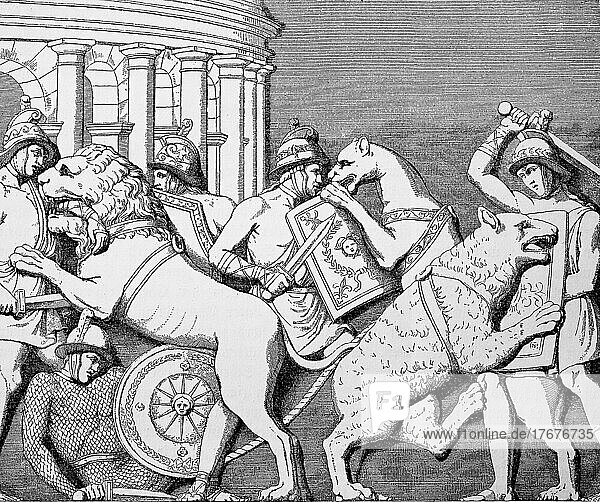 Tierkämpfe der Gladiatoren im Zirkus im Theater des Marcellus  Rom  Italien  ca 250 v. Chr  Historisch  digital restaurierte Reproduktion einer Vorlage aus dem 19. Jahrhundert  genaues Datum nicht bekannt  Europa
