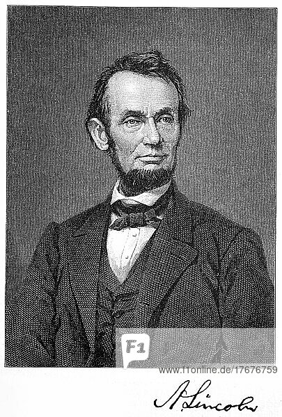 Abraham Lincoln  12. Februar 1809  15. April 1865  amtierte von 1861 bis 1865 als 16. Präsident der Vereinigten Staaten von Amerika  Historisch  digital restaurierte Reproduktion von einer Vorlage aus dem 19. Jahrhundert  genaues Datum unbekannt