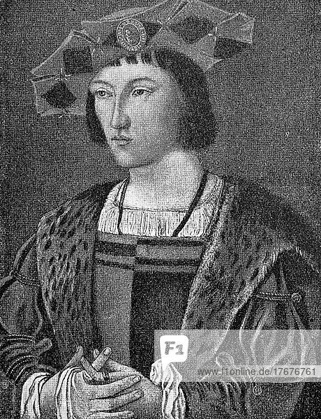 Charles VIII lAffable or le Courtois  30 June 1470  7 April 1498  was King of France from 1483 to 1498  Historical  digitally restored reproduction from a 19th century original  exact date unknown