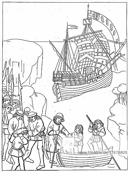 English ship from the second half of the 14th century  embarkation of Count Beauchamp to the Holy Land  Historical  digitally restored reproduction from a 19th century original  exact date unknown