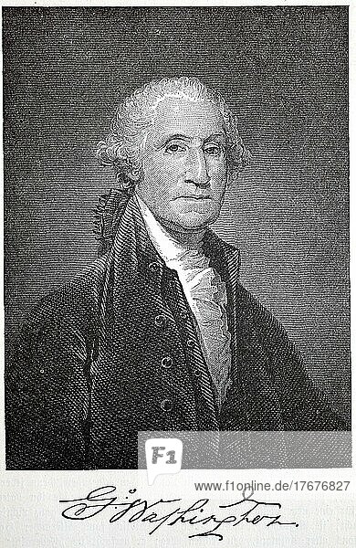 George Washington  22. Februar 1732  14. Dezember 1799  war von 1789 bis 1797 der erste Präsident der Vereinigten Staaten von Amerika  digital restaurierte Reproduktion von einer Vorlage aus dem 19. Jahrhundert  genaues Datum unbekannt