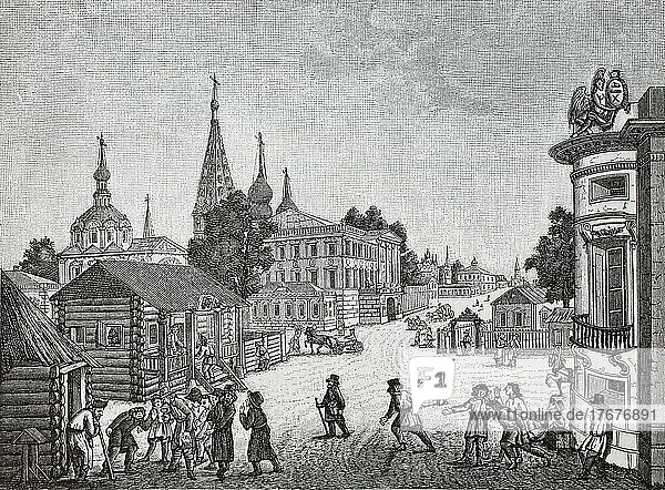 Street in Moscow  Russia  c. 1780  police station and drinking house on the left  Historic  digitally restored reproduction of a 19th century original  exact date unknown  Europe