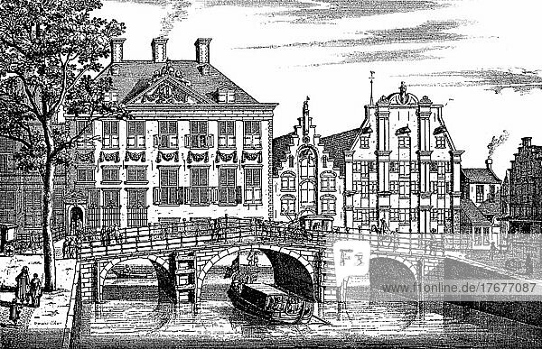 Street and canal in Amsterdam  Holland  in the 17th century  Historic  digitally restored reproduction of a 19th century original  exact date unknown