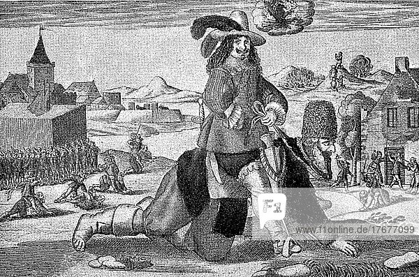 Facsimile of an illustration on a leaflet about the suffering of the peasants during the Thirty Years' War  the Peasant Rider  Historical  digitally restored reproduction of an original from the 19th century  exact date unknown