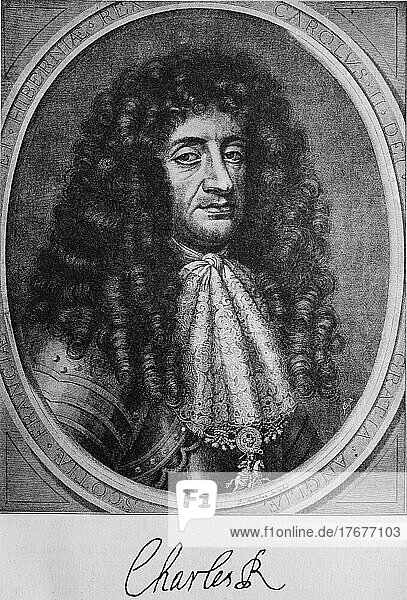 Karl II. Charles II  auch The Merry Monarch genannt  29. Mai 1630  6. Februar 1685  aus dem Hause Stuart war König von England  Schottland und Irland  Historisch  digital restaurierte Reproduktion einer Vorlage aus dem 19. Jahrhundert  genaues Datum nicht bekannt