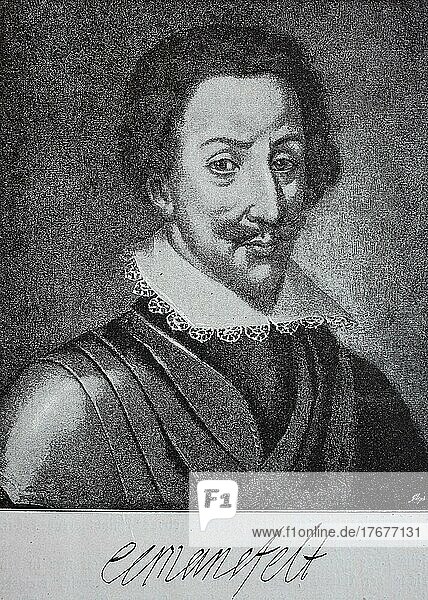 Graf Peter Ernst II. von Mansfeld  meist Ernst von Mansfeld  1580-1626  war ein bedeutender Söldner- und Heerführer in den Anfangsjahren des Dreißigjährigen Krieges  Historisch  digital restaurierte Reproduktion einer Originalvorlage aus dem 19. Jahrhundert  genaues Datum unbekannt