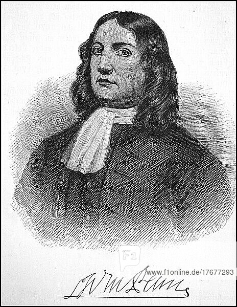 William Penn  14. Oktober 1644  30. Juli 1718  gründete die Kolonie Pennsylvania im Gebiet der heutigen USA  Historisch  digital restaurierte Reproduktion von einer Vorlage aus dem 19. Jahrhundert  genaues Datum unbekannt