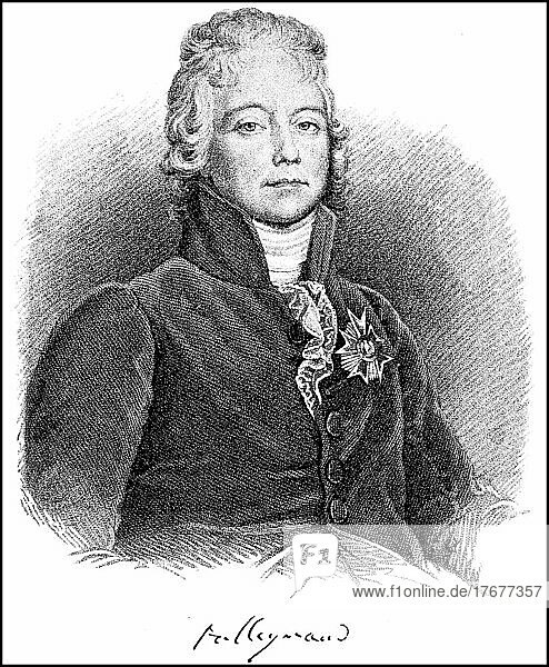 Charles-Maurice de Talleyrand-Périgord  2 February 1754  17 May 1838  was one of the most famous French statesmen as well as a diplomat during the French Revolution  the Napoleonic Wars and at the Congress of Vienna  Historical  digitally restored reproduction from a 19th century original  exact date unknown