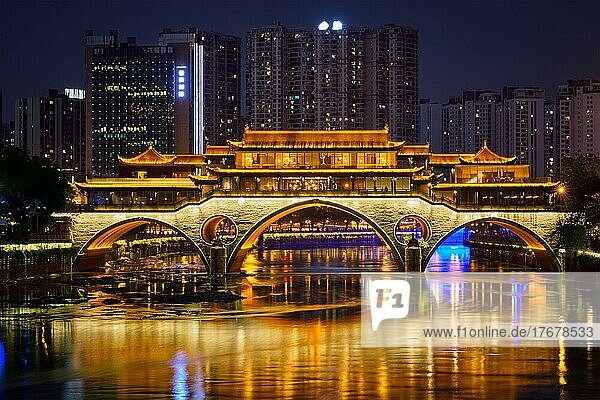 Famous landmark of Chengdu  Anshun bridge over Jin River illuminated at night  Chengdue  Sichuan  China  Asia