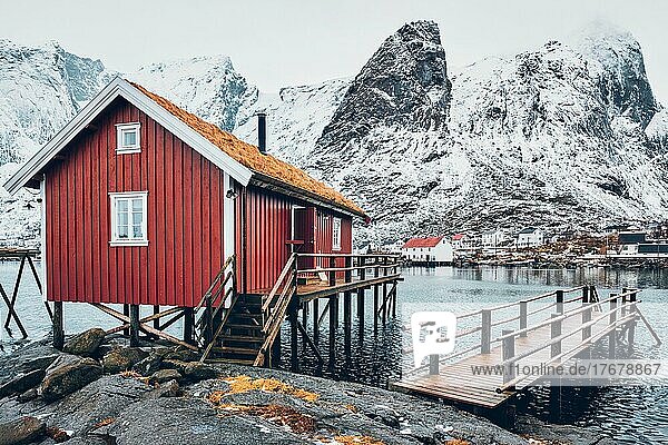 Traditionelles rotes Rorbu-Haus mit grasbedecktem Dach im Dorf Reine auf den Lofoten  Norwegen  im Winter  Europa
