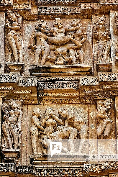 Famous erotic stone carving sculptures  Lakshmana Temple  indian tourist site Khajuraho  India. Unesco World Heritage Site