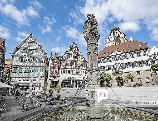 Historischer Marktplatz mit Marktbrunnen  Fachwerkhäuser und Rathaus (re.)  dahinter die Stiftskirche  Herrenberg  Baden-Württemberg  Deutschland  Europa
