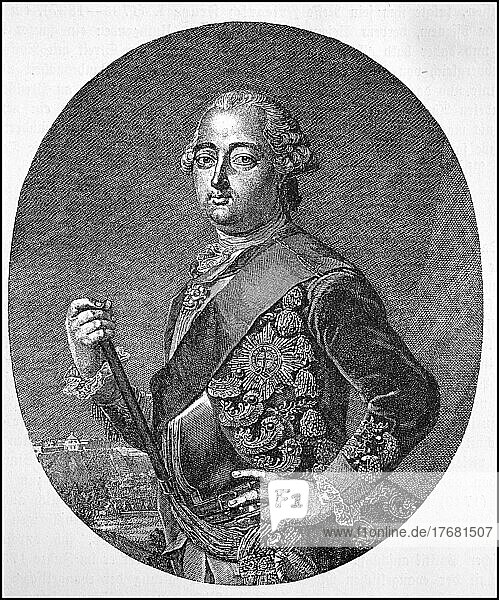 Friedrich II. 14. August 1720  31. Oktober 1785  aus dem Haus Hessen war ab 1760 Landgraf von Hessen-Kassel  digital restaurierte Reproduktion einer Vorlage aus dem 19. Jahrhundert  genaues Datum unbekannt