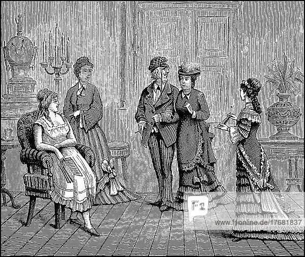 Szene aus einem Heim der Mormonen  Mann mit vier Fraün  Amerika  Fraün im 19. Jahrhundert  digital restaurierte Reproduktion einer Vorlage aus dem 19. Jahrhundert  Originaldatum nicht bekannt