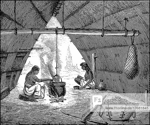 Wohnung der Indianer in Mittelamerika  Fraün im 19. Jahrhundert  digital restaurierte Reproduktion einer Vorlage aus dem 19. Jahrhundert  Originaldatum nicht bekannt