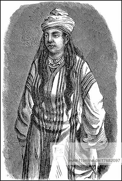Frau vom Volk der Tadschiken  Fraün im 19. Jahrhundert  digital restaurierte Reproduktion einer Vorlage aus dem 19. Jahrhundert  Originaldatum nicht bekannt