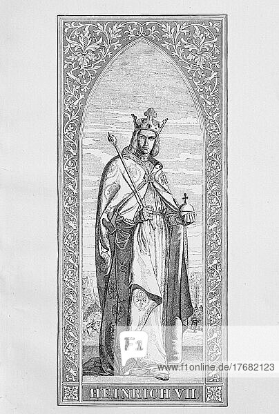 Heinrich VII. (1278) (79) (24. August 1313) entstammte dem Haus Limburg-Luxemburg und war Graf von Luxemburg und Laroche sowie Markgraf von Arlon. Er war von 1308 bis 1313 römisch-deutscher König und ab dem 29. Juni 1312 römisch-deutscher Kaiser  digital restaurierte Reproduktion einer Vorlage aus dem 19. Jahrhundert  Originaldatum nicht bekannt