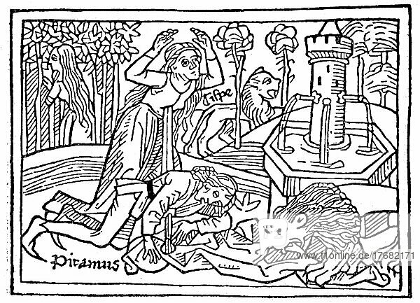 Thisbe  eine Nymphe aus der griechischen Mythologie  findet den toten Piramus und ersticht sich  aus Buch von den berühmten Frauen  Boccaccio  1473  Historisch  digital restaurierte Reproduktion einer Vorlage aus dem 19. Jahrhundert  Originaldatum unbekannt