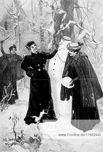 Winterfreuden  drei elegante Damen bauen einen Schneemann  um 1880  Deutschland  nach einem Aquarell von Hans Jentzsch  digital restaurierte Reproduktion einer Originalvorlage aus dem 19. Jahrhundert  genaues Originaldatum nicht bekannt  Europa