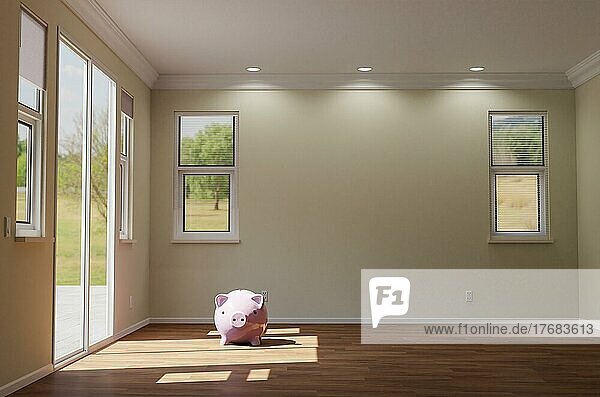 3D-Illustration Sparschwein sitzt auf dem Boden des leeren Raum des Hauses mit leeren Wand